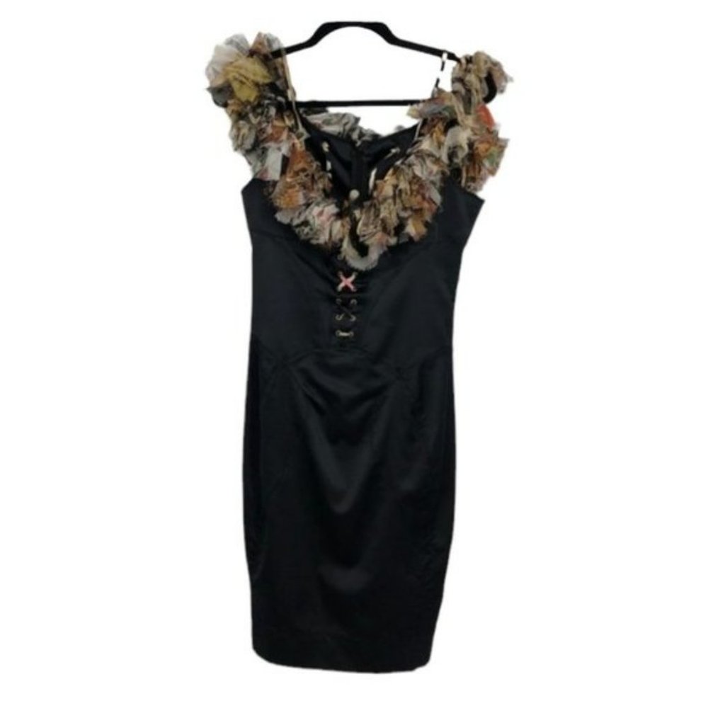 Just Cavalli Roberto black silk corset off shoulder Boa Scarf ruffle  neck Dress